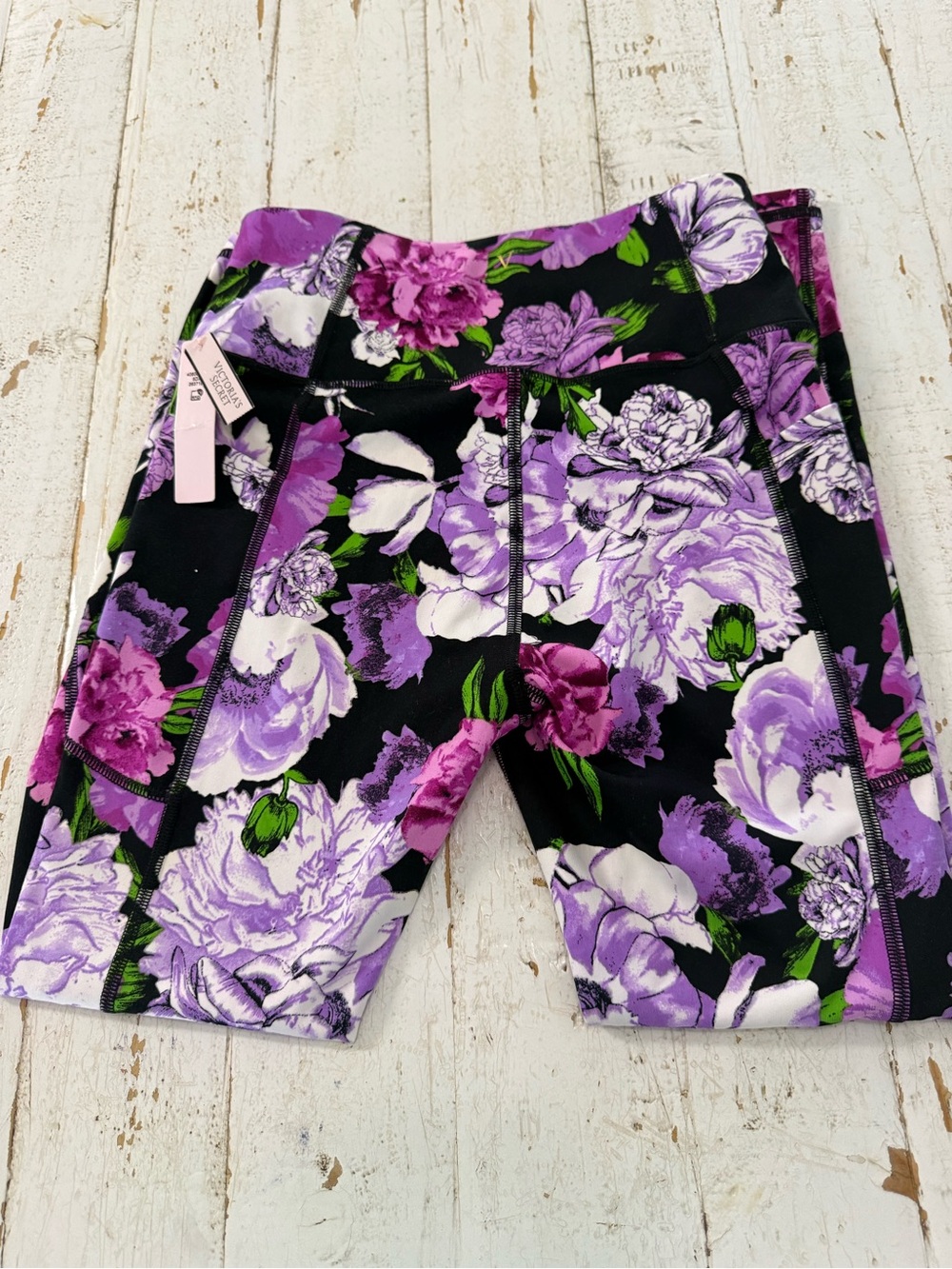 Victoria's Secret Black Active Top with Purple Floral Leg Print